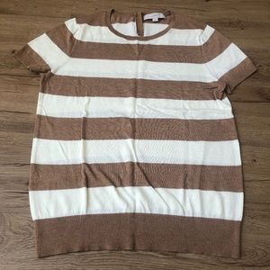 LOFT Cream and Tan Striped Short Sleeve Sweater